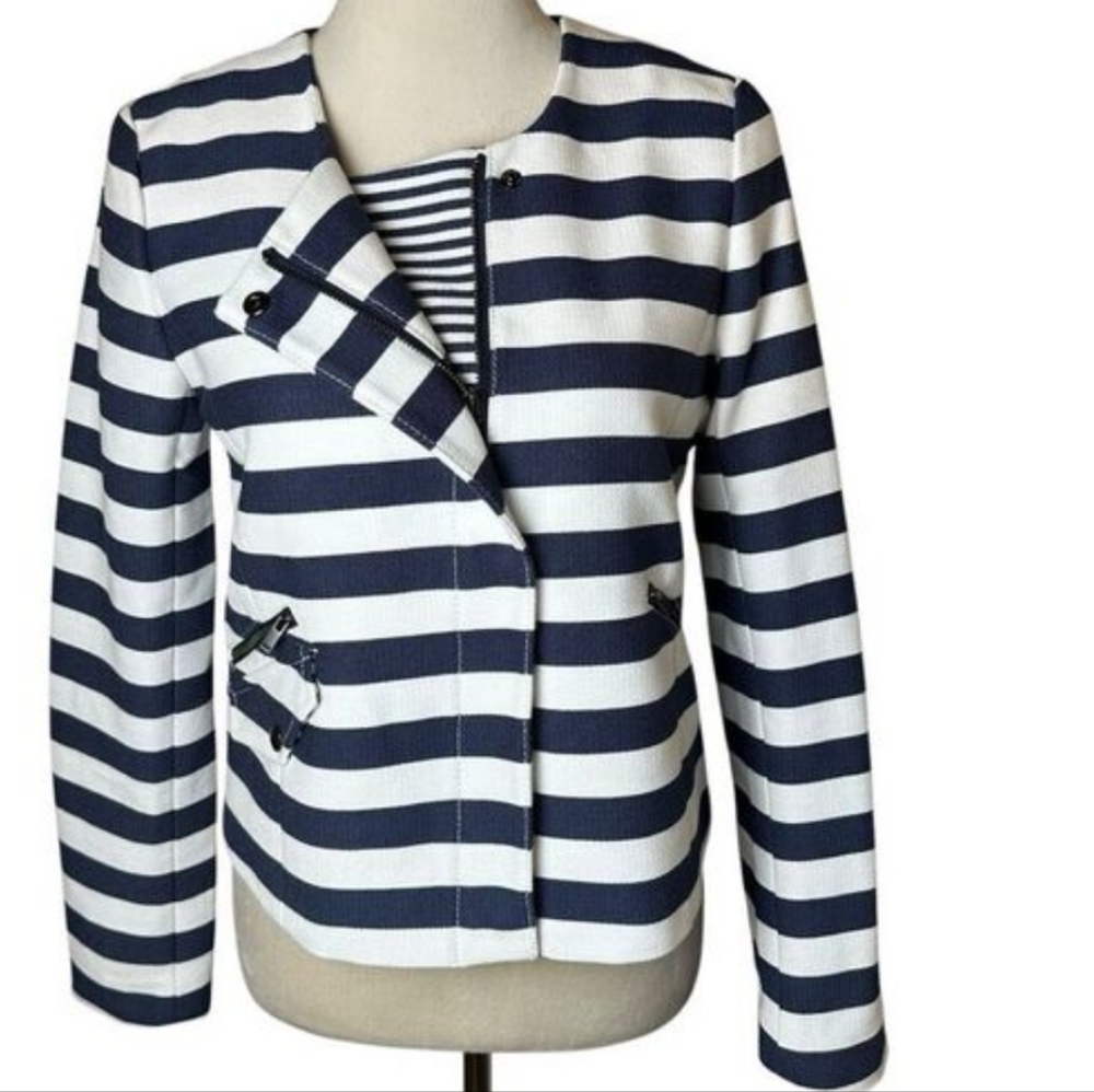 Banana Republic White & Blue Stripe Long Sleeve Zip Up Lined Moto Jacket Sz 4